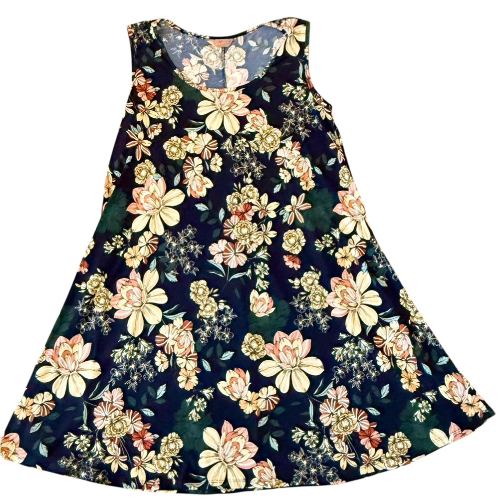 SJS Shift Tunic A-Line Dress, Stretch, Casual Sleeveless Navy‎ Floral Sz-Medium